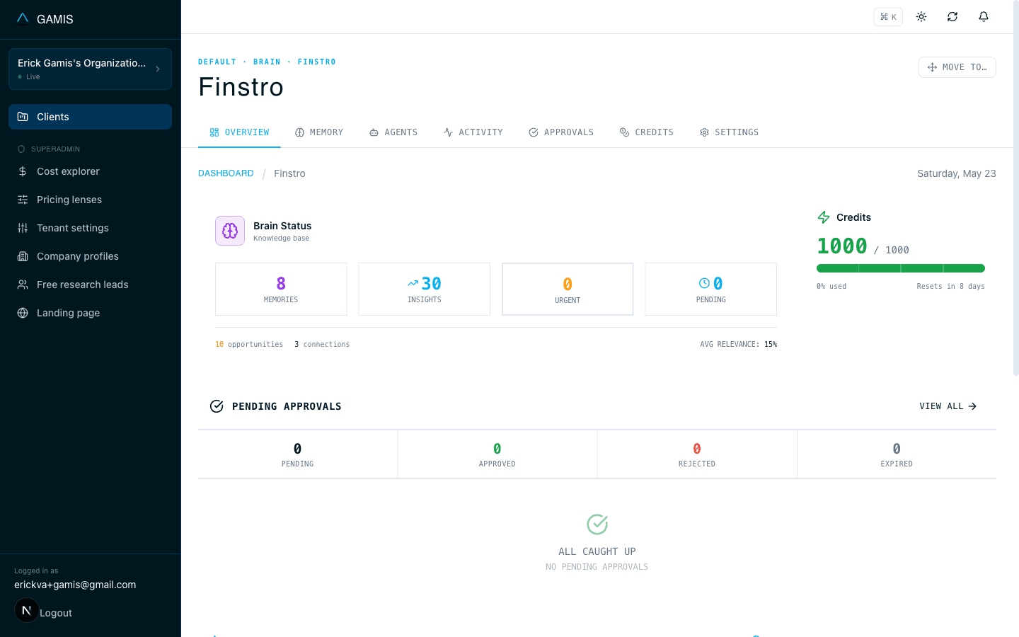 GAMIS dashboard overview with brain status and activity feed